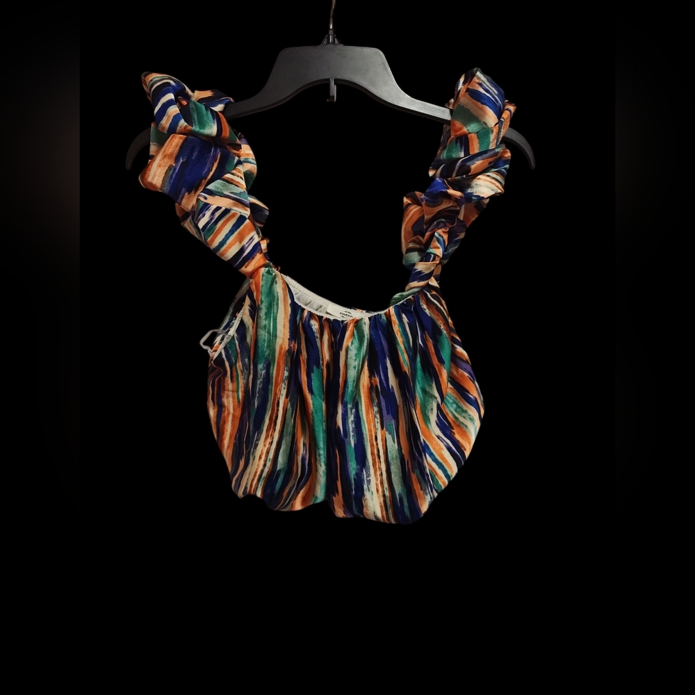 Entro Striped Ruffle Crop Top - Blue, Orange, Green